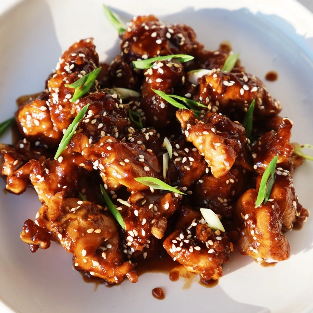 Golden chicken pieces glazed in thick sesame soy sauce topped with white sesame seeds and green onion slices.