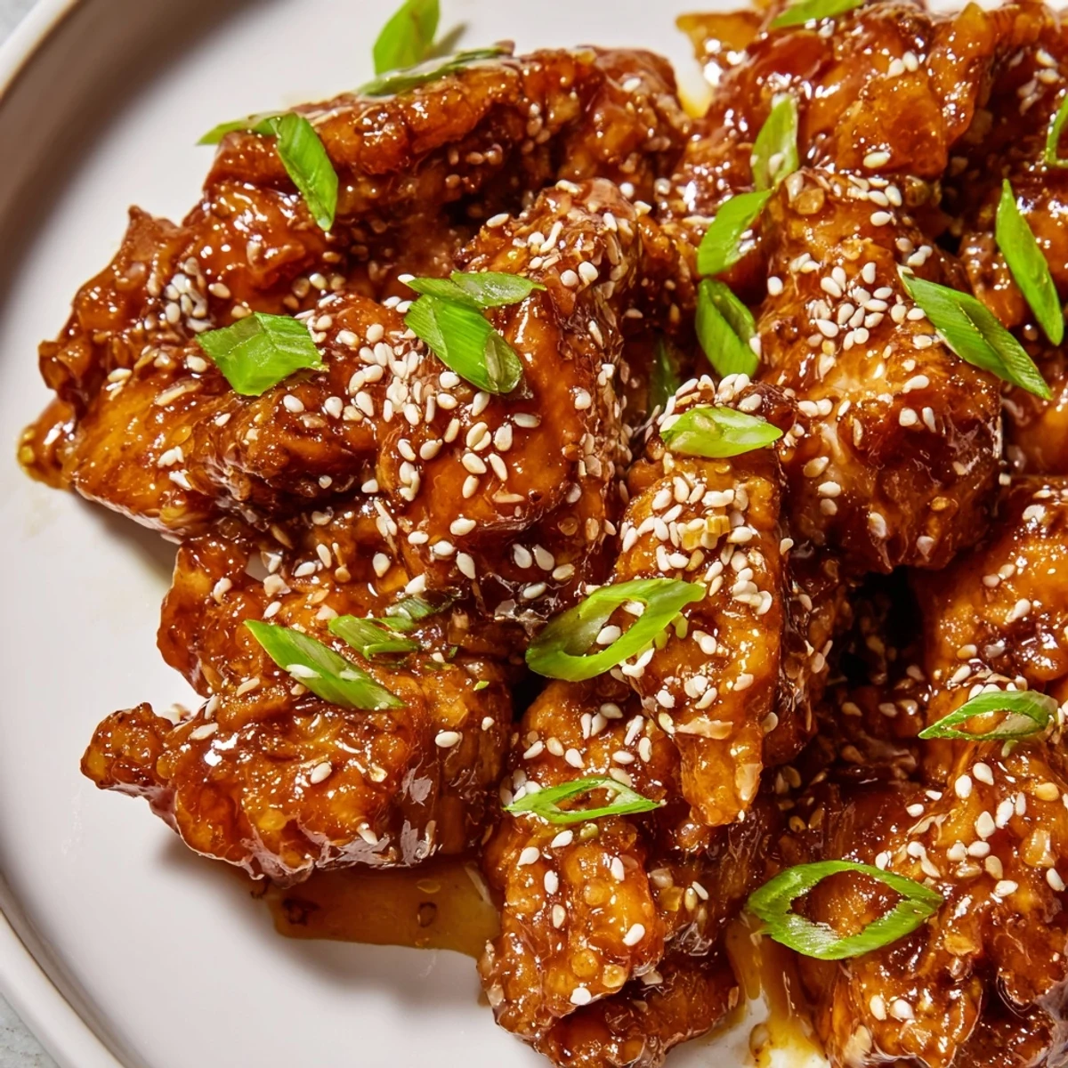 Slow cooker sesame chicken served over white rice with glossy coating and fresh garnish scattered on top.