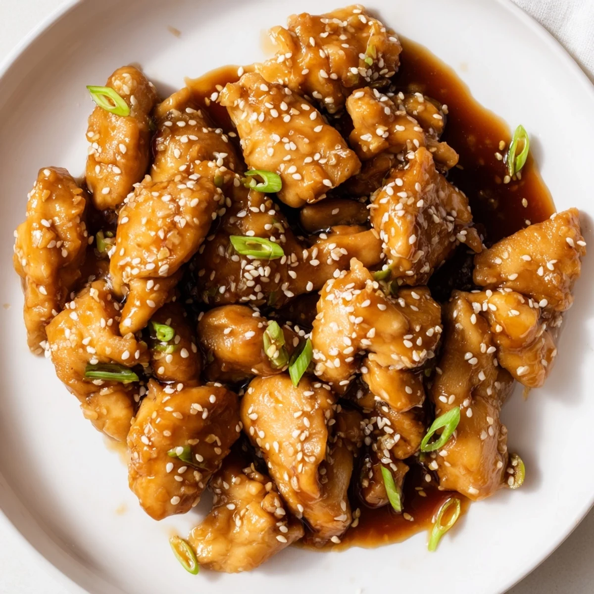 Tender shredded chicken coated in sweet savory sauce with toasted sesame sprinkles and chopped scallions.