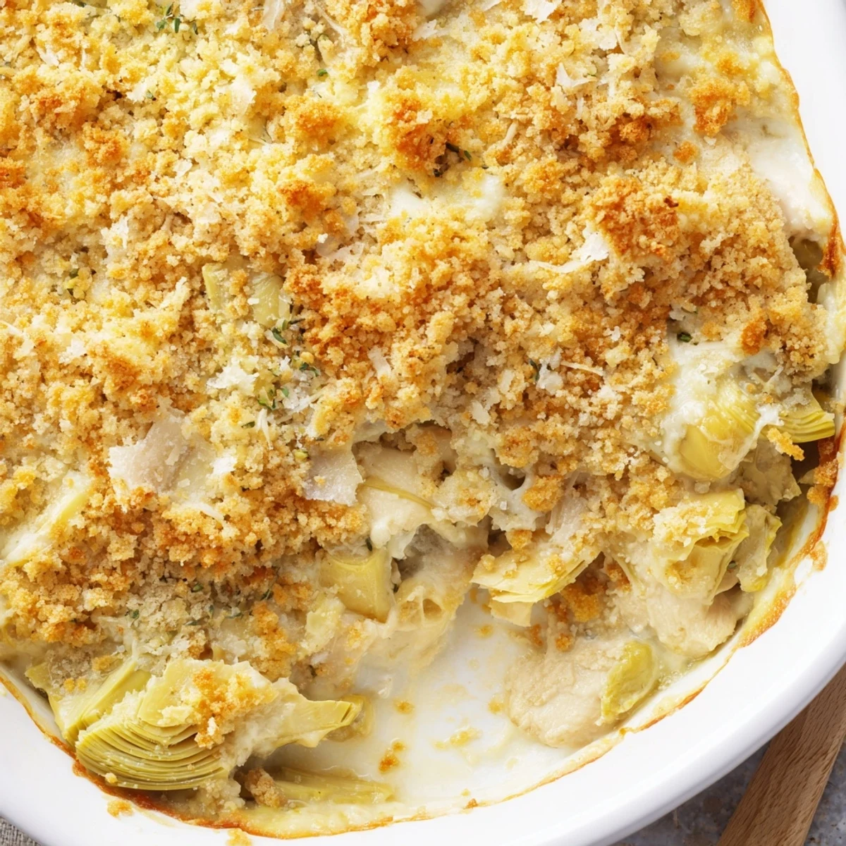 Creamy artichoke chicken bake casserole with melted mozzarella and crispy golden parmesan crust