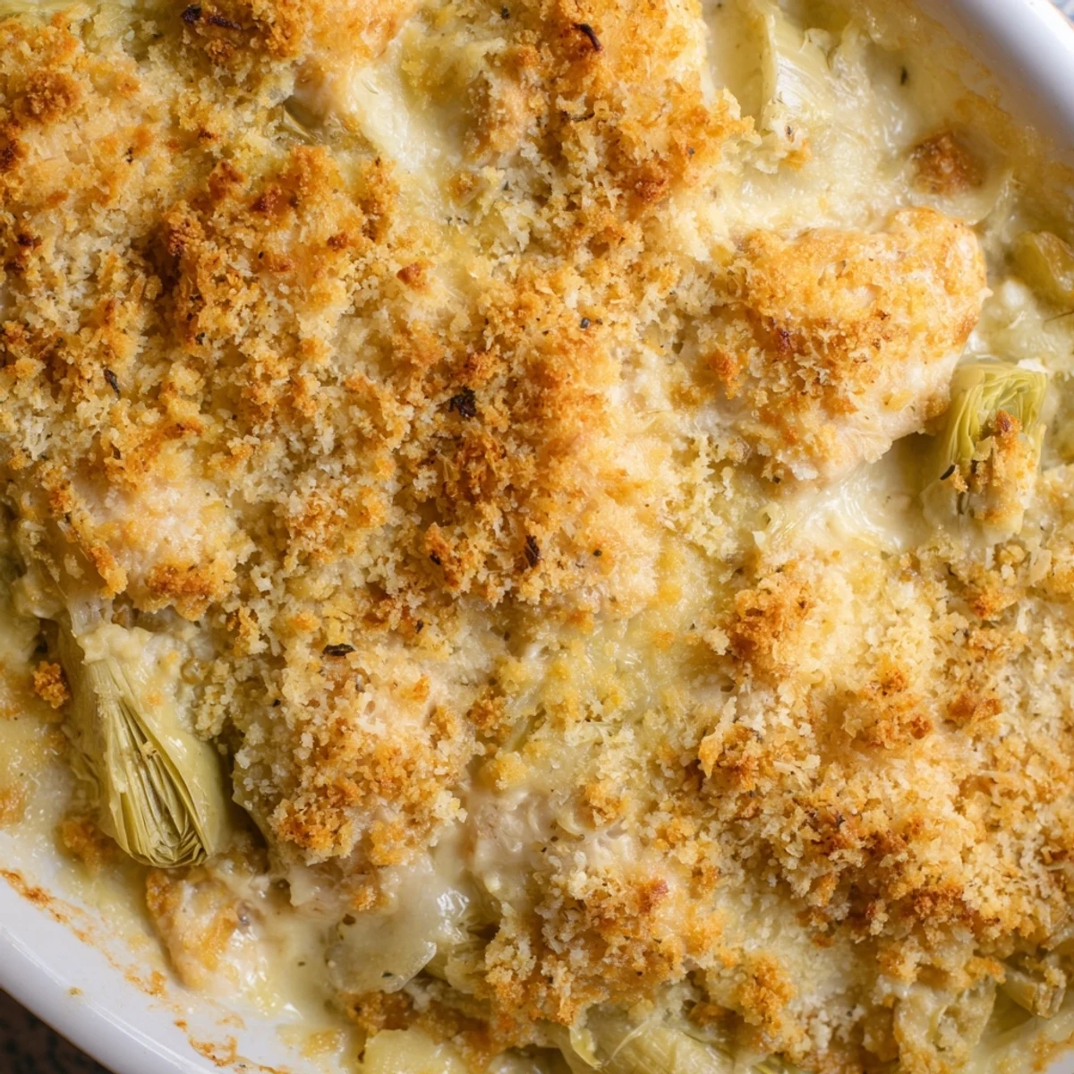 Golden bubbling artichoke chicken bake with tender chicken breasts under cheesy breadcrumb topping