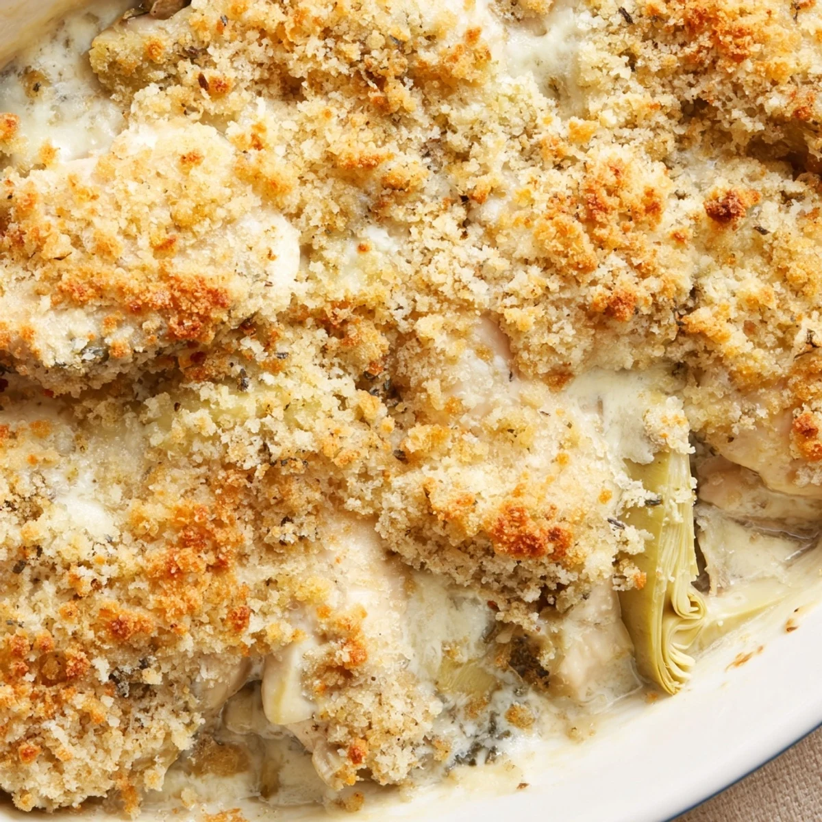 Fresh baked artichoke chicken bake topped with savory herbs and buttery golden crumbs