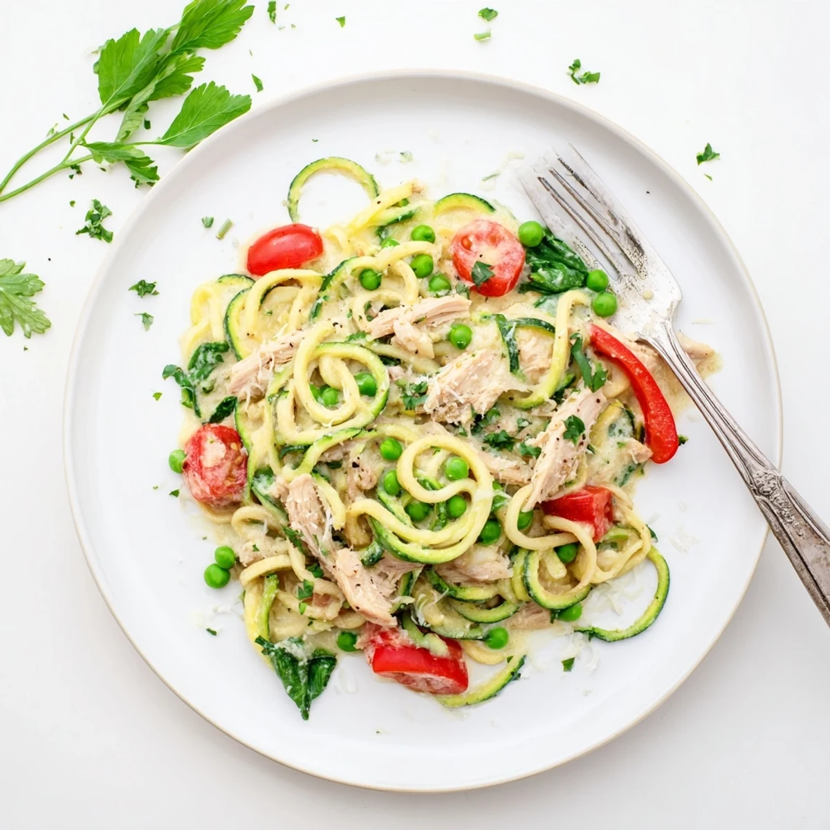 Creamy zucchini noodle chicken Alfredo loaded with colorful vegetables in a white bowl