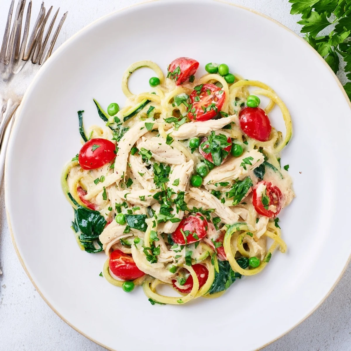 Golden chicken strips served over spiralized zucchini noodles with rich Alfredo sauce