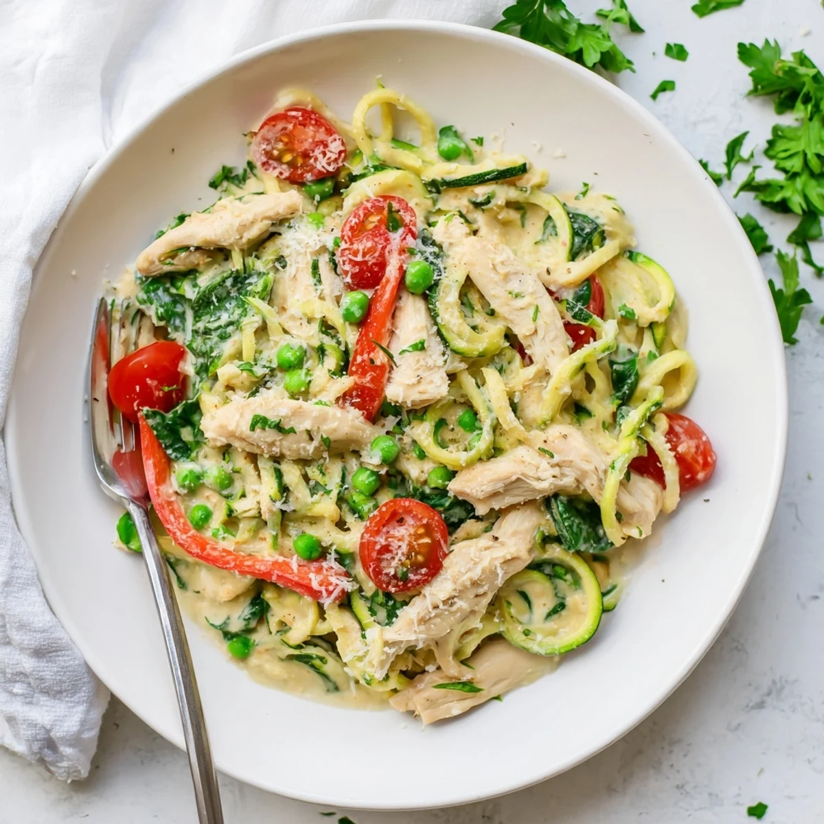 Protein-packed chicken Alfredo featuring zucchini noodles, bell peppers, and cherry tomatoes