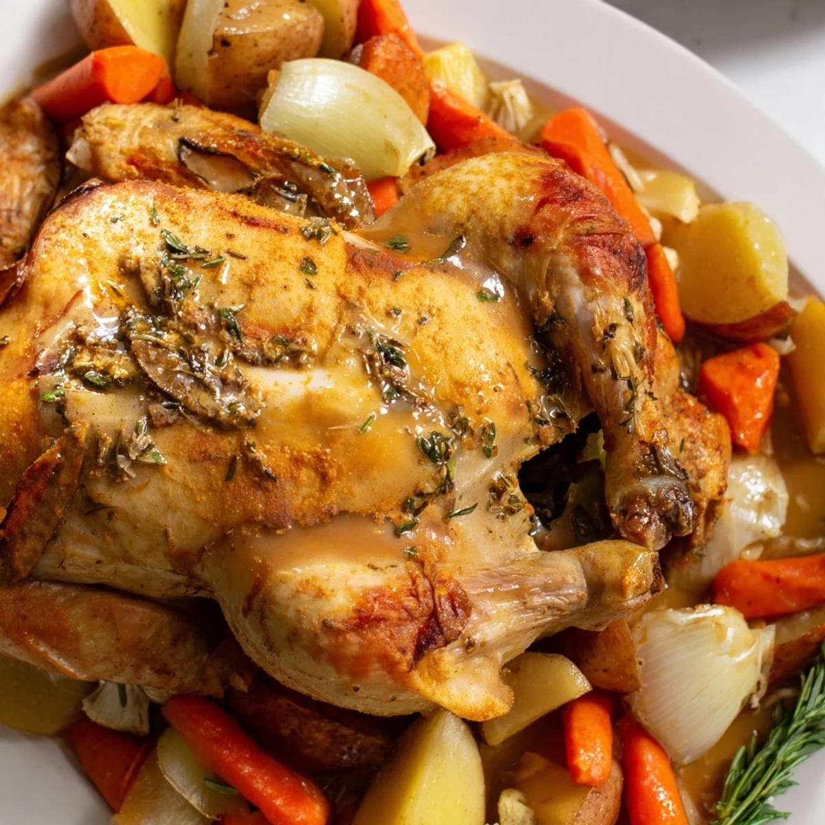 Golden roasted Crockpot Chicken Pot Roast surrounded by tender carrots and potatoes in rich savory broth