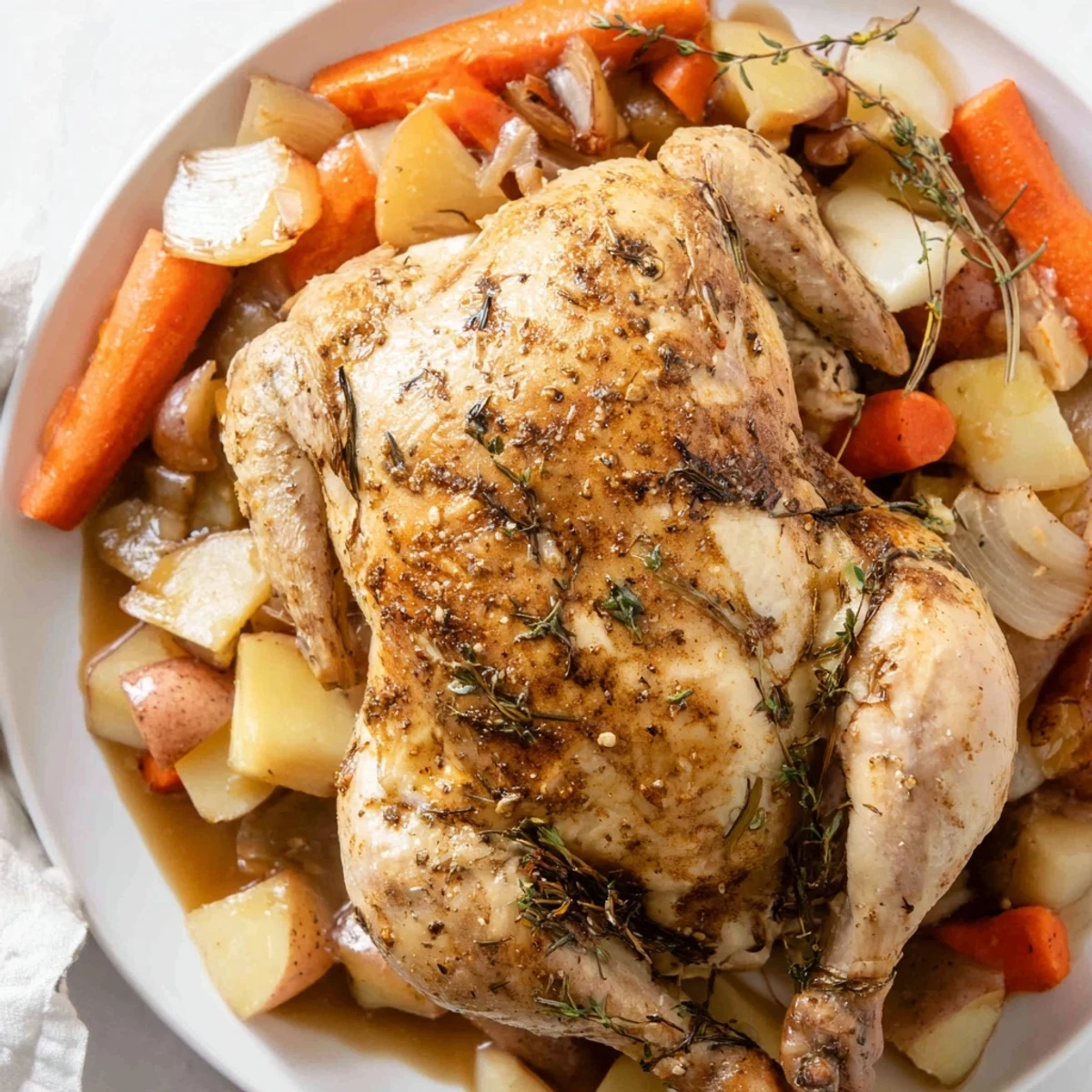 Comforting Crockpot Chicken Pot Roast plated with chunky vegetables and drizzled with thick homemade chicken gravy