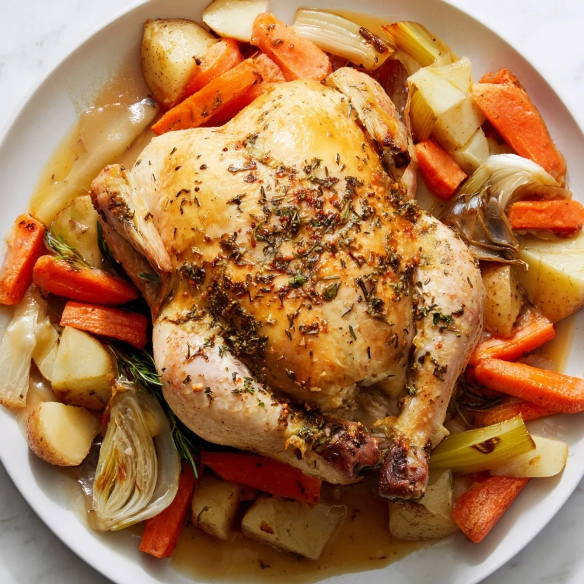Slow-cooked Crockpot Chicken Pot Roast with fall-apart meat, root vegetables, and aromatic herbs for family dinner