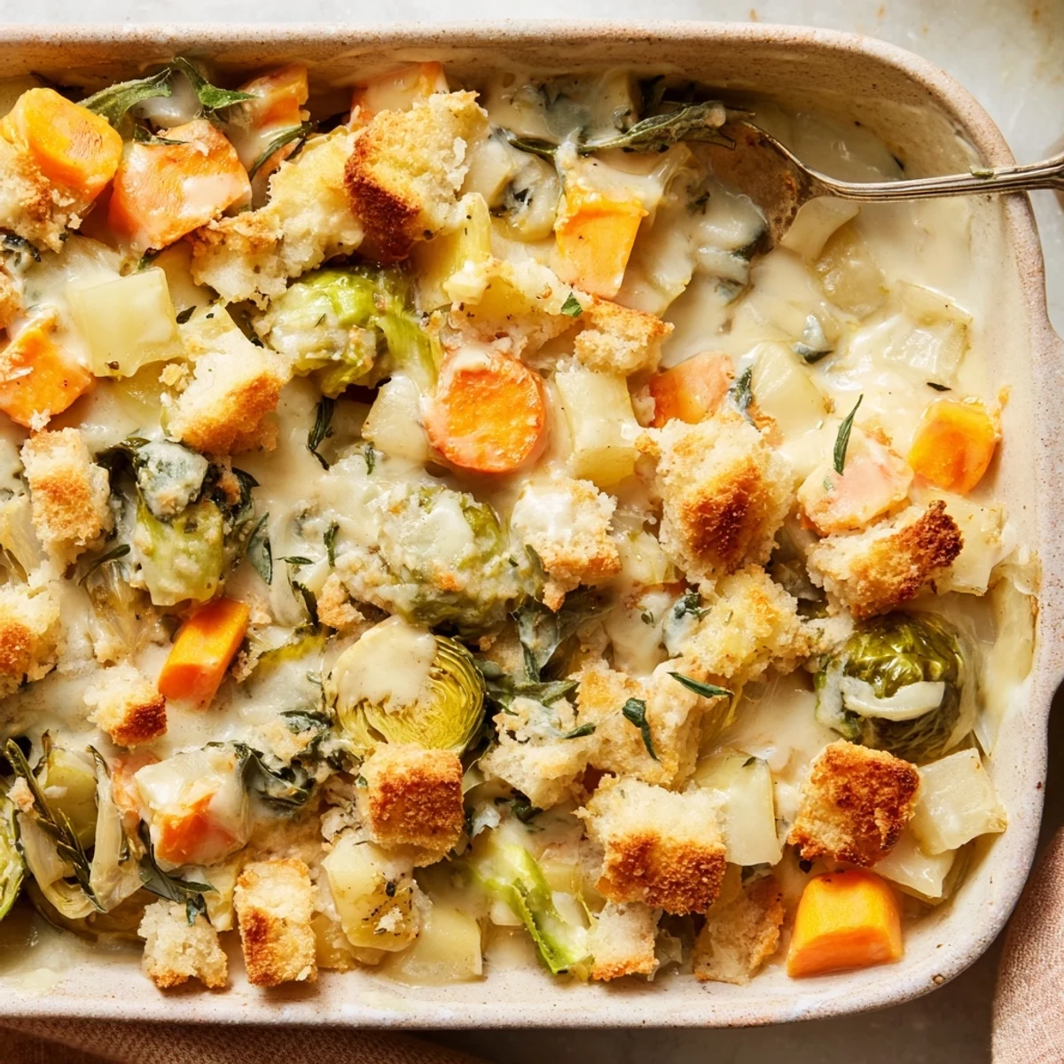 Golden bubbly creamy winter vegetable casserole topped with melted Gruyère cheese and crispy buttered panko breadcrumbs
