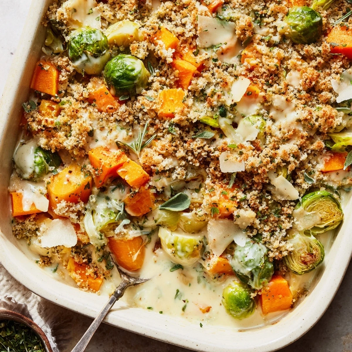 Oven-baked casserole dish showcasing tender butternut squash, parsnips, and carrots swimming in a rich herbed cream sauce