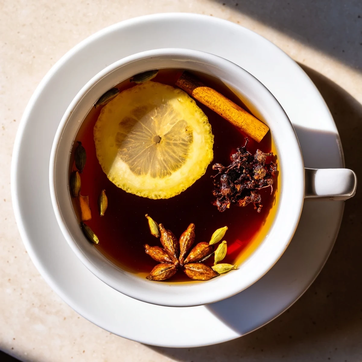 Golden Lebanese spiced tea steaming in glass cups with whole spices and cinnamon stick