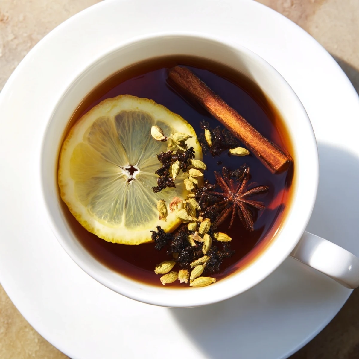 Fragrant Lebanese spiced tea poured into white teapot garnished with fresh lemon slices