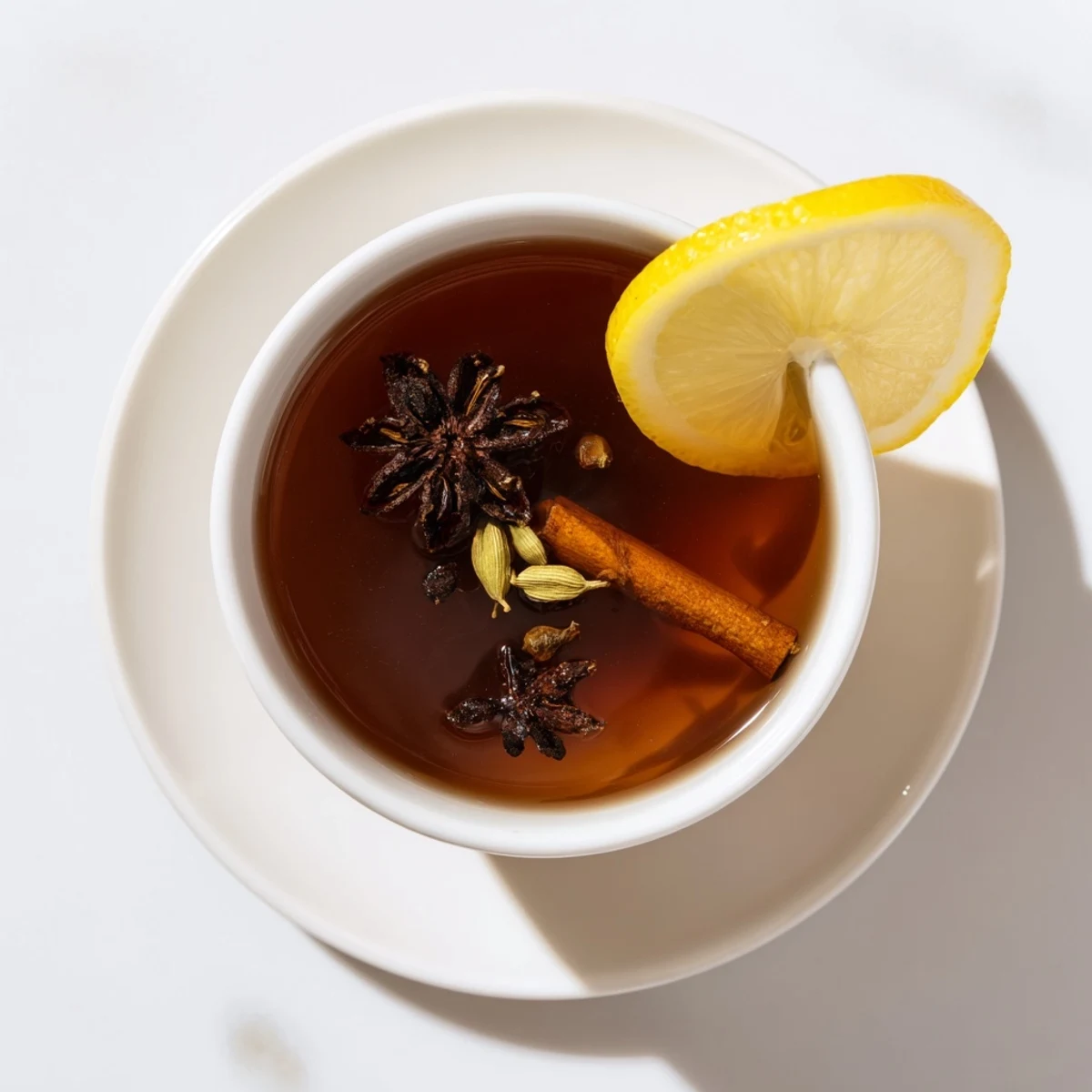 Dark Lebanese spiced tea simmering in copper saucepan with cardamom pods and star anise