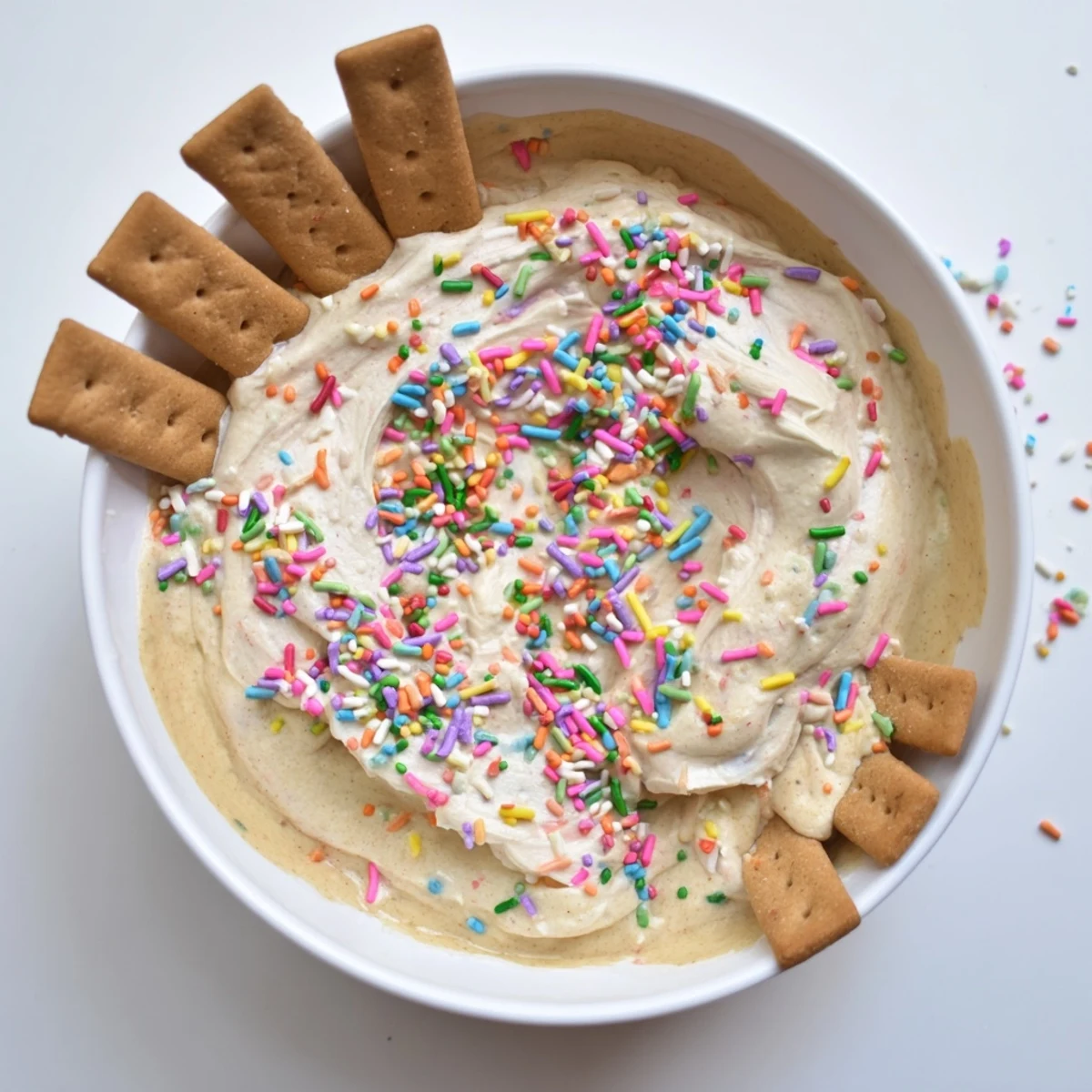 High protein Dunkaroo dip with Greek yogurt and funfetti sprinkles ready for dipping cookies
