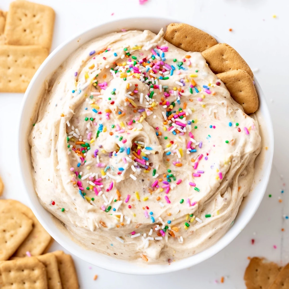Creamy high protein Dunkaroo dip topped with colorful rainbow sprinkles in a serving bowl