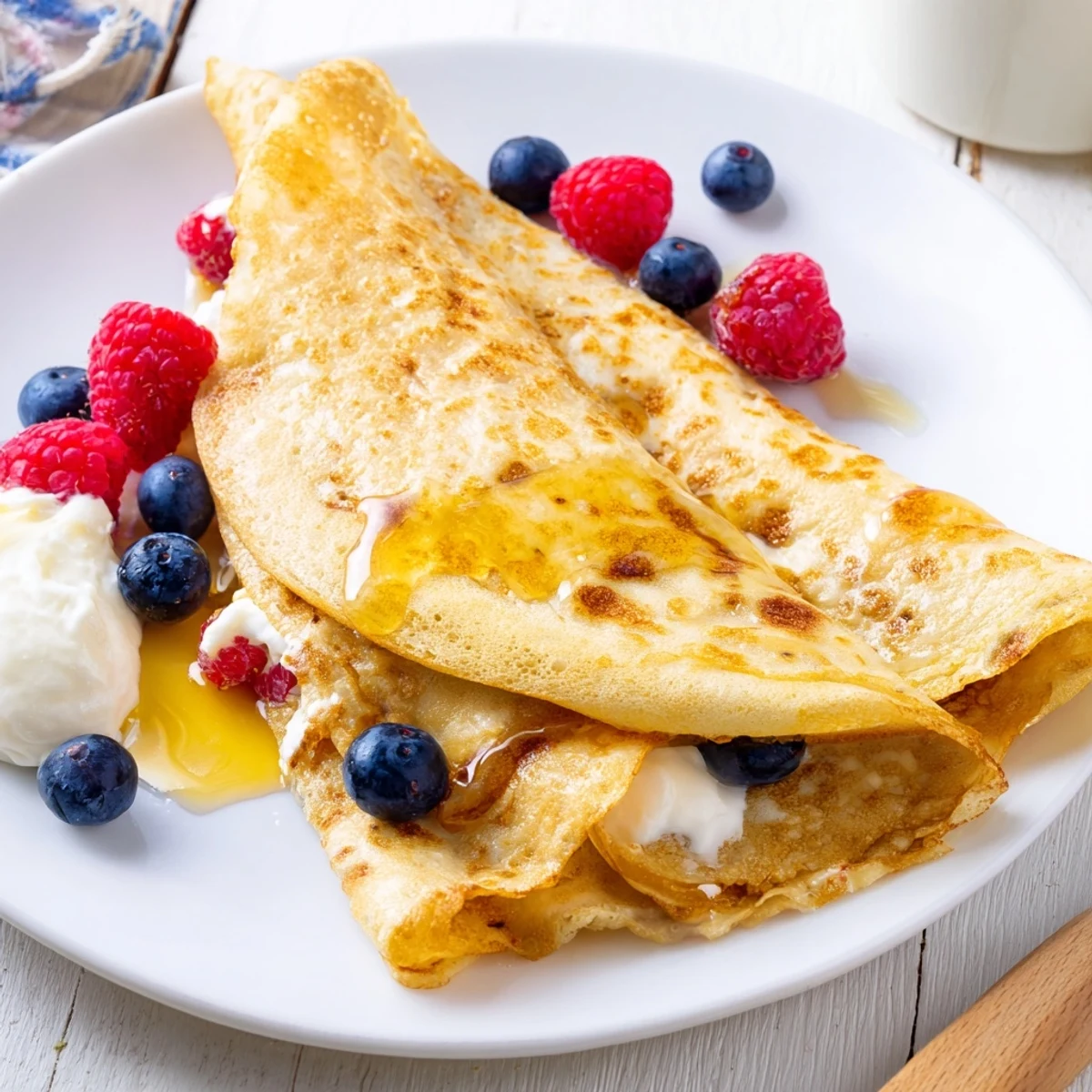 Light tender oatmeal crepes cooking in a skillet showing lacy golden brown edges