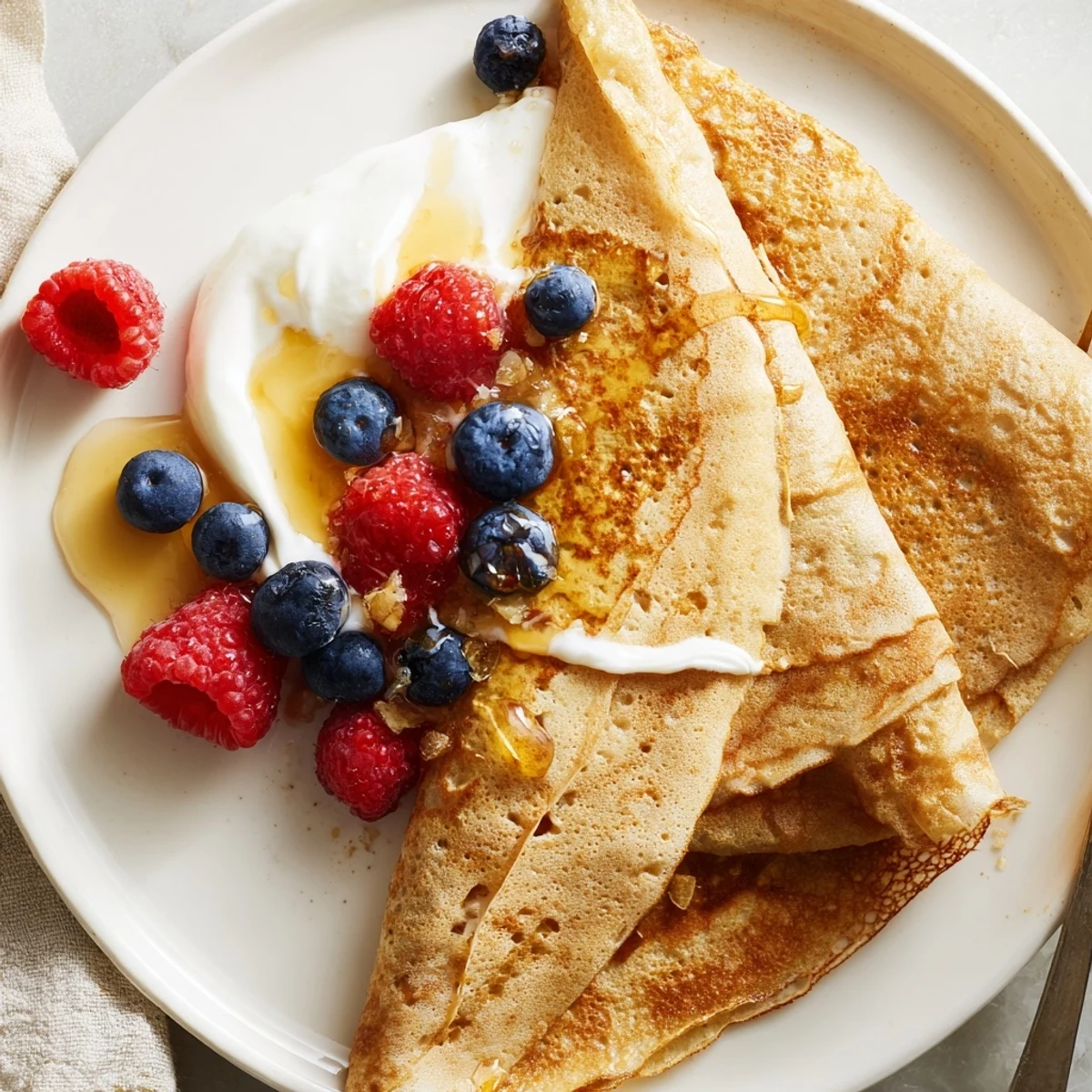 Stack of golden healthy oatmeal crepes filled with fresh berries and drizzled with honey