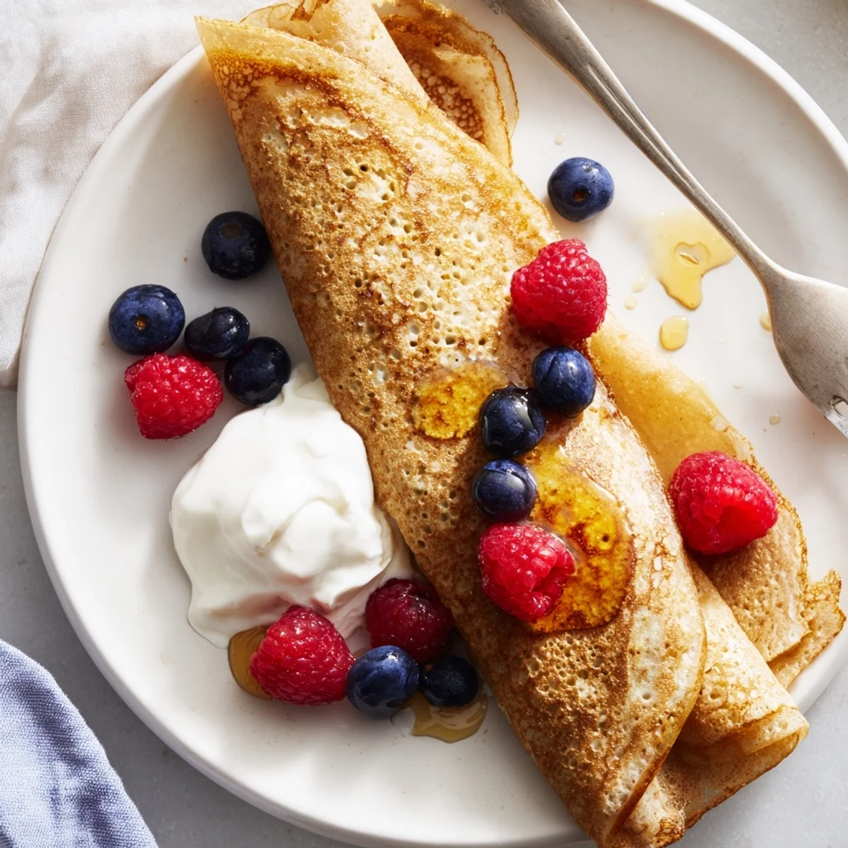 Wholesome rolled oat crepes stacked high with yogurt and colorful fruit toppings