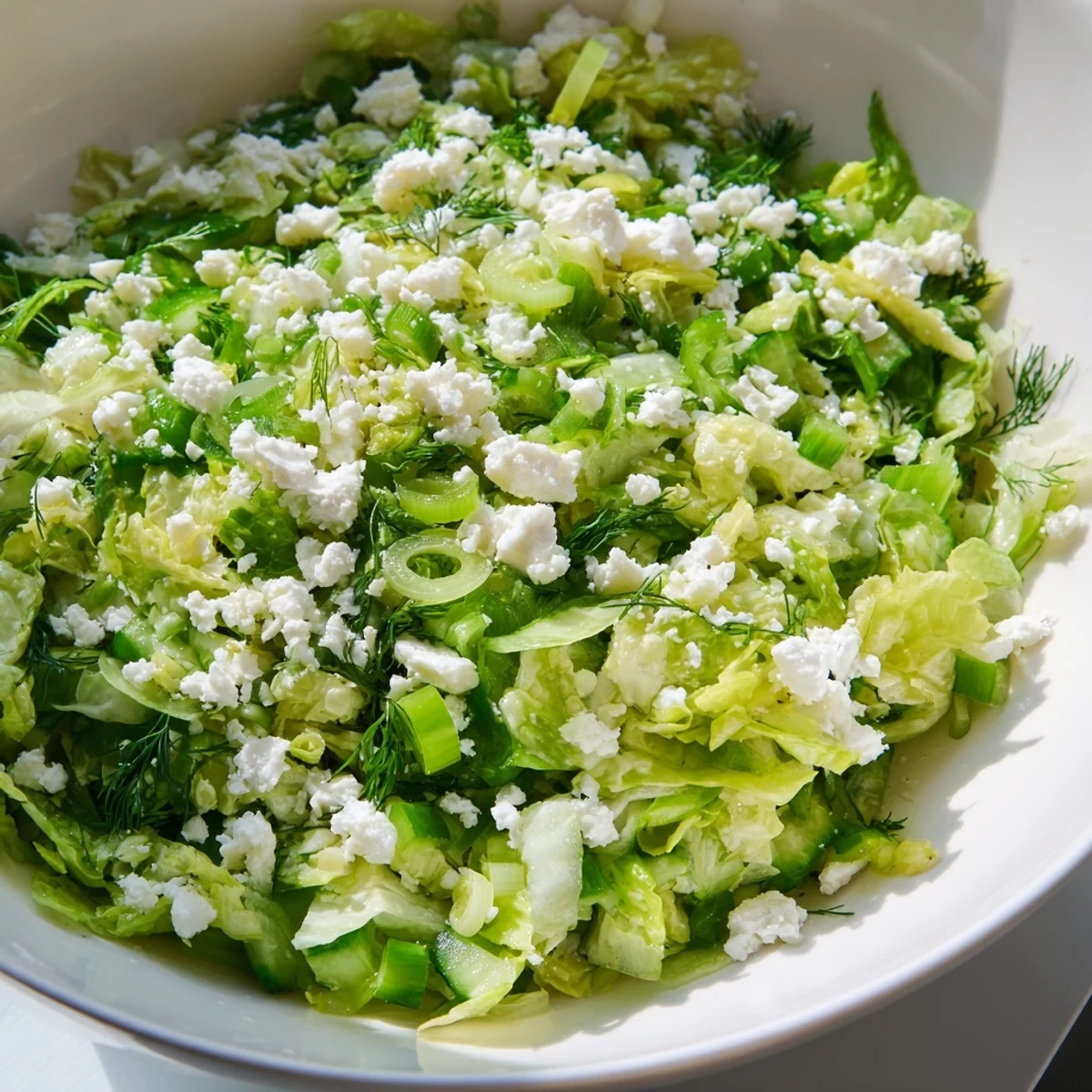 Greek Maroulosalata salad topped with crumbled feta cheese, fresh herbs, and bright citrus dressing