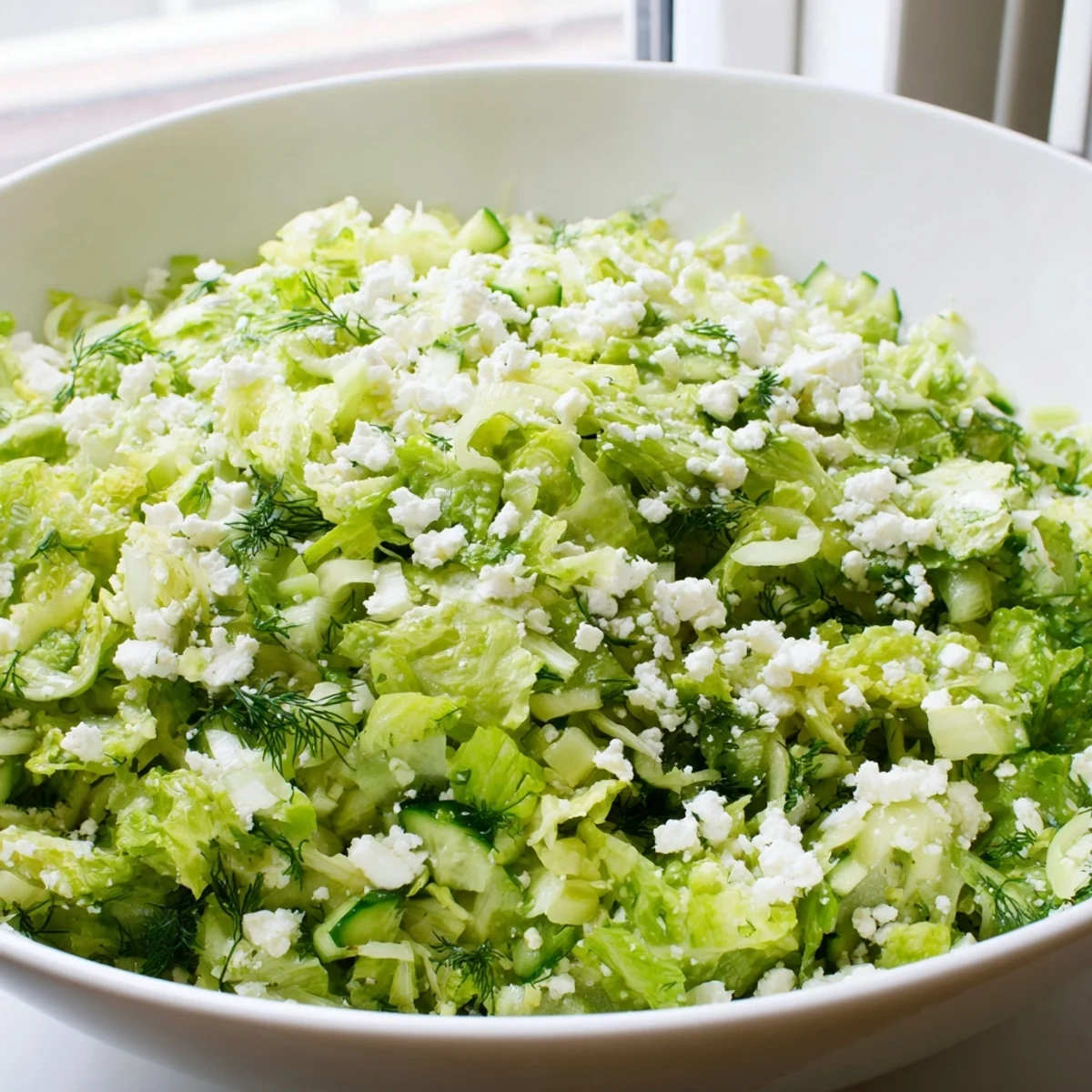 Vibrant bowl of Maroulosalata featuring shredded lettuce, scallions, dill, mint, and olive oil emulsion