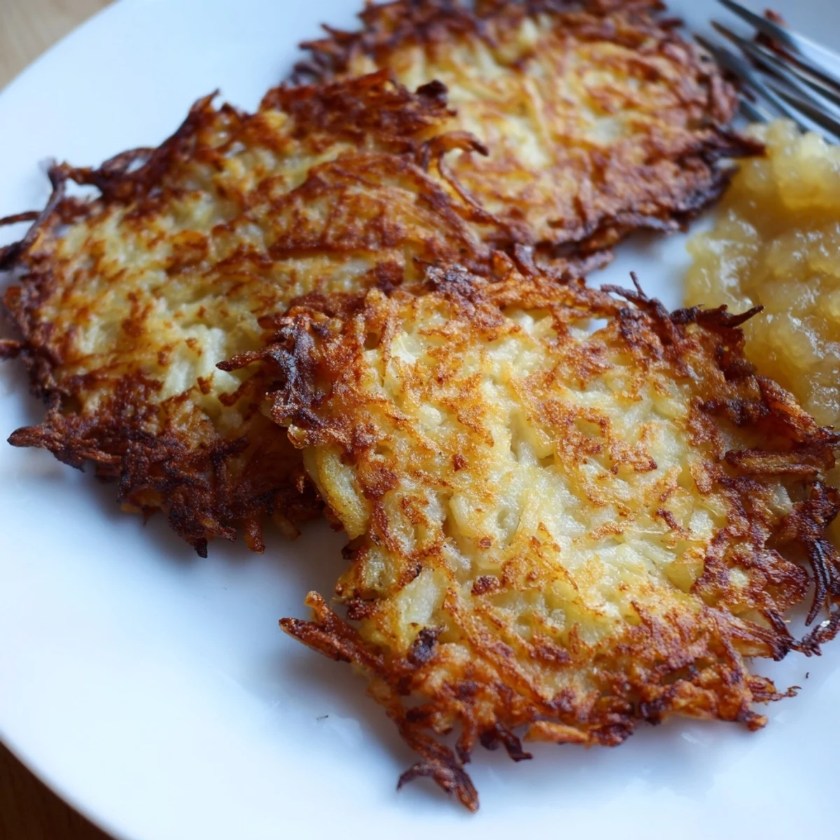 Golden brown German potato pancakes fried to crispy perfection and stacked on a serving plate