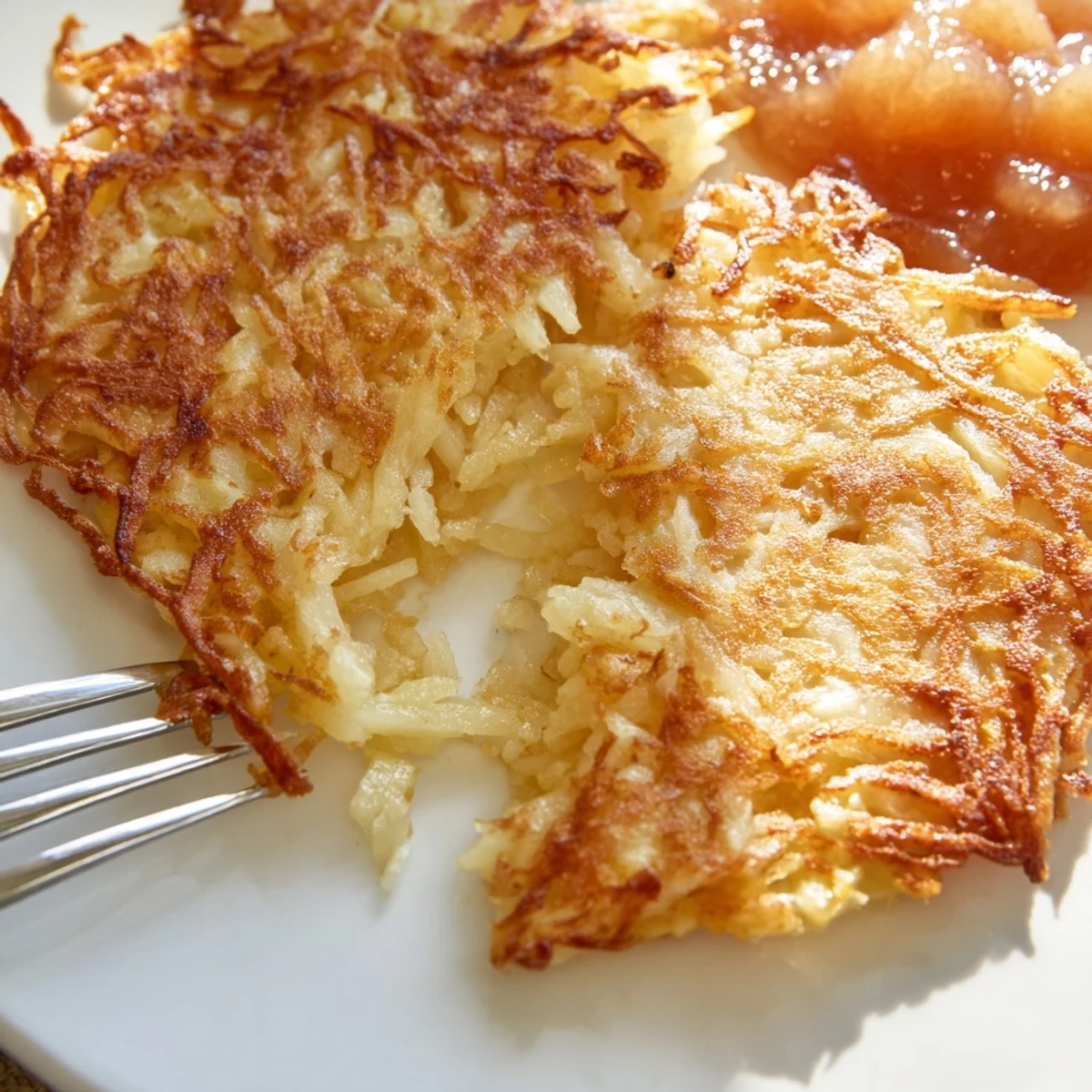 Traditional German potato pancakes served piping hot with dollops of applesauce and sour cream