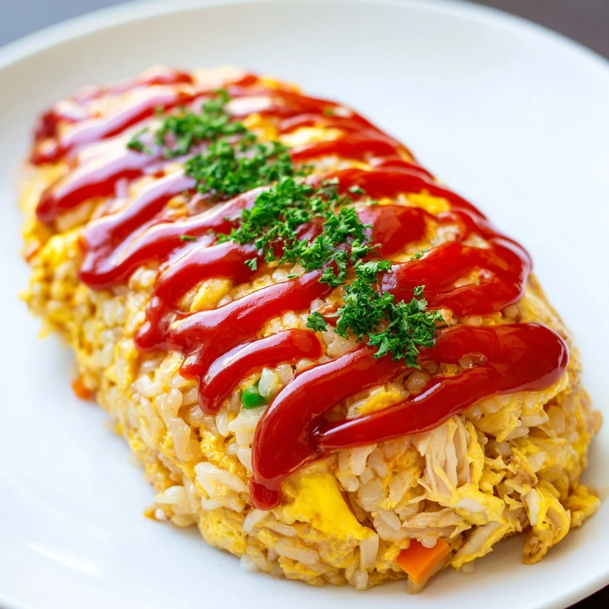 Japanese omurice plated with soft egg covering seasoned chicken and vegetable fried rice
