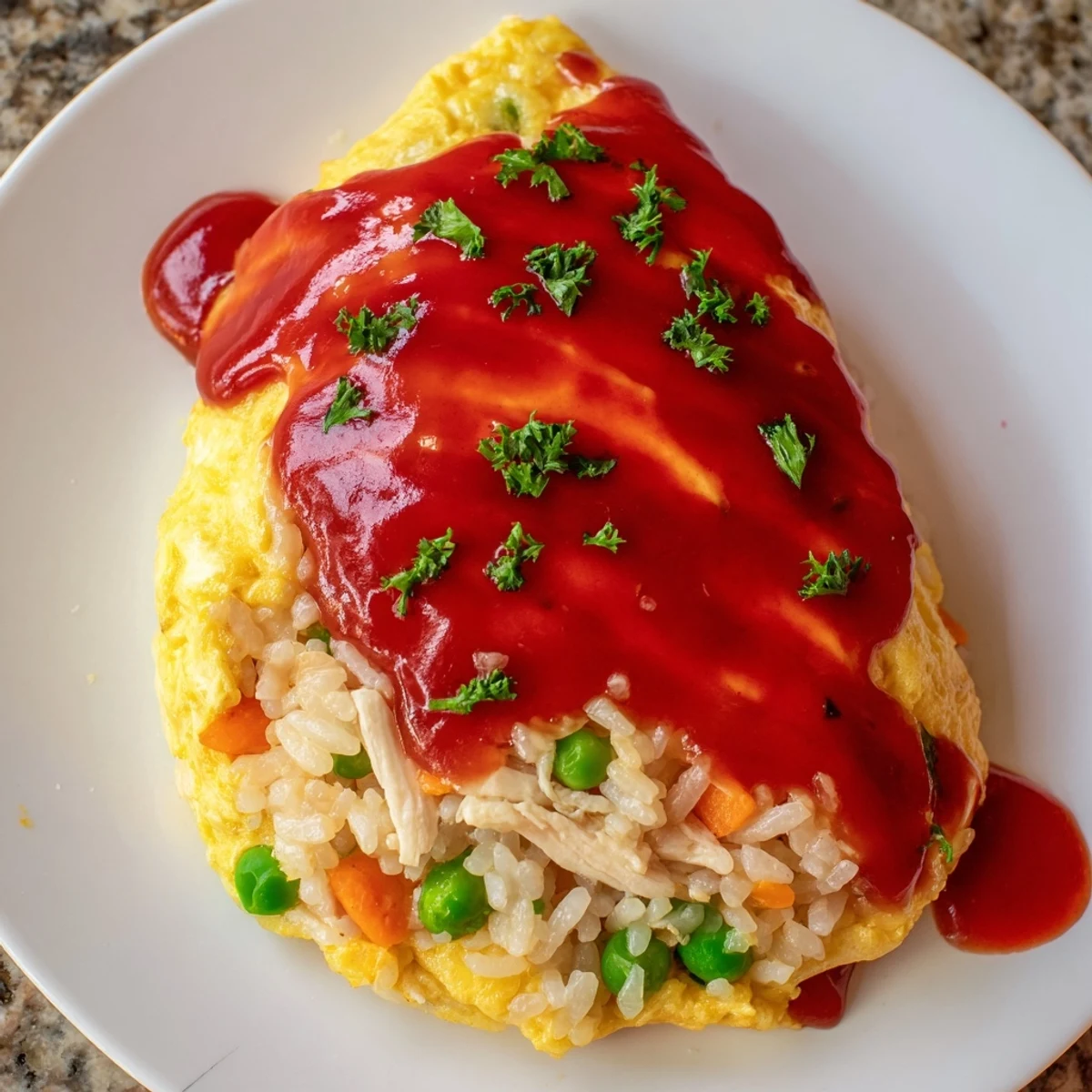 Omelet draped omurice drizzled with tangy ketchup sauce over a bed of fried rice