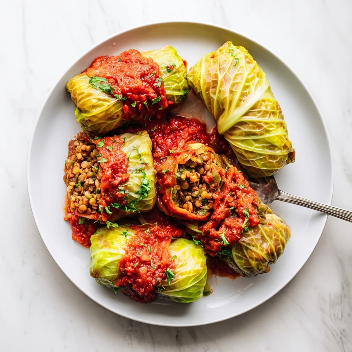 Golden baked vegan cabbage rolls swimming in rich tomato sauce, stuffed with hearty lentils and rice for a comforting plant-based dinner