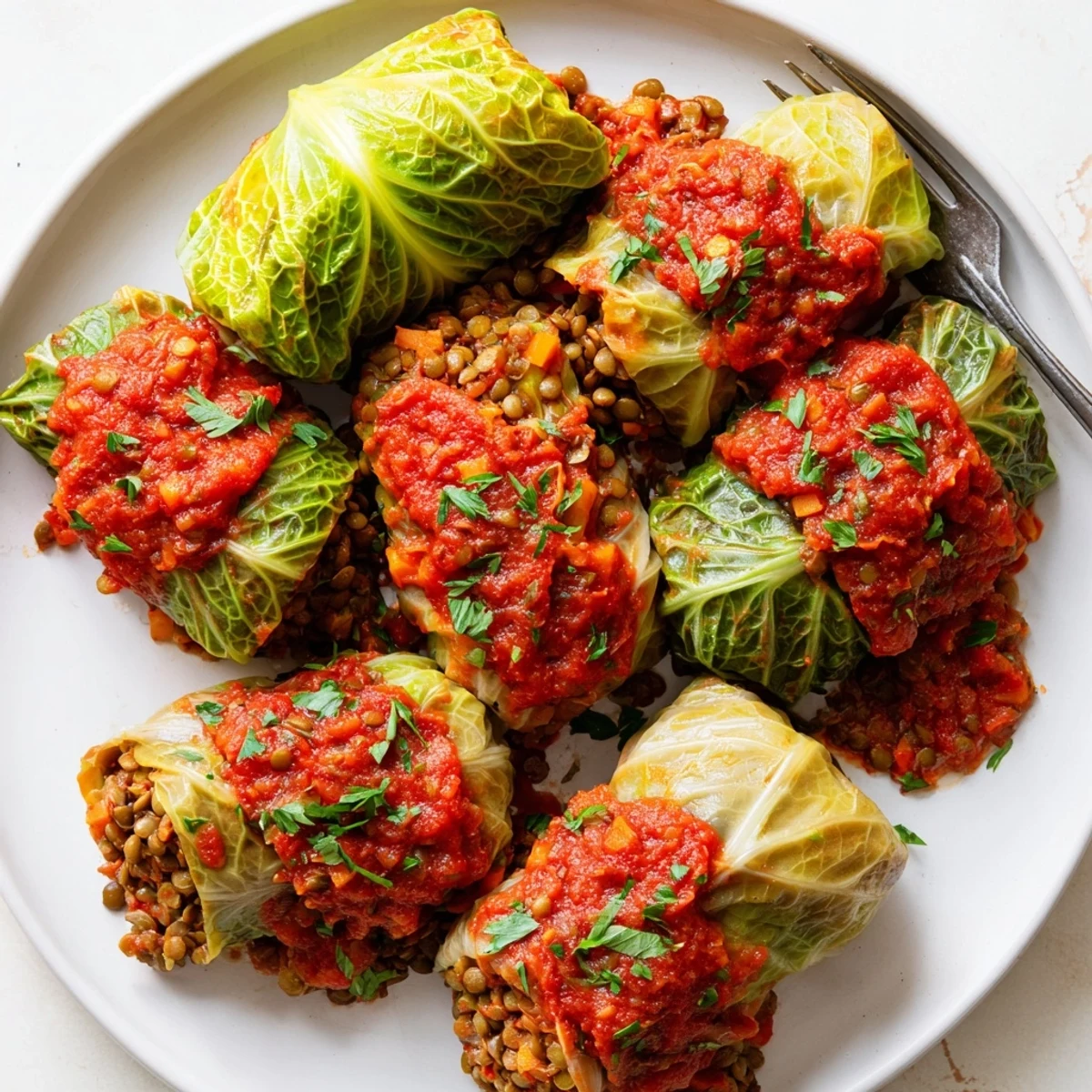 Tender green cabbage leaves wrapped around savory lentil rice filling, topped with crushed tomatoes and fresh parsley in this comforting vegan main