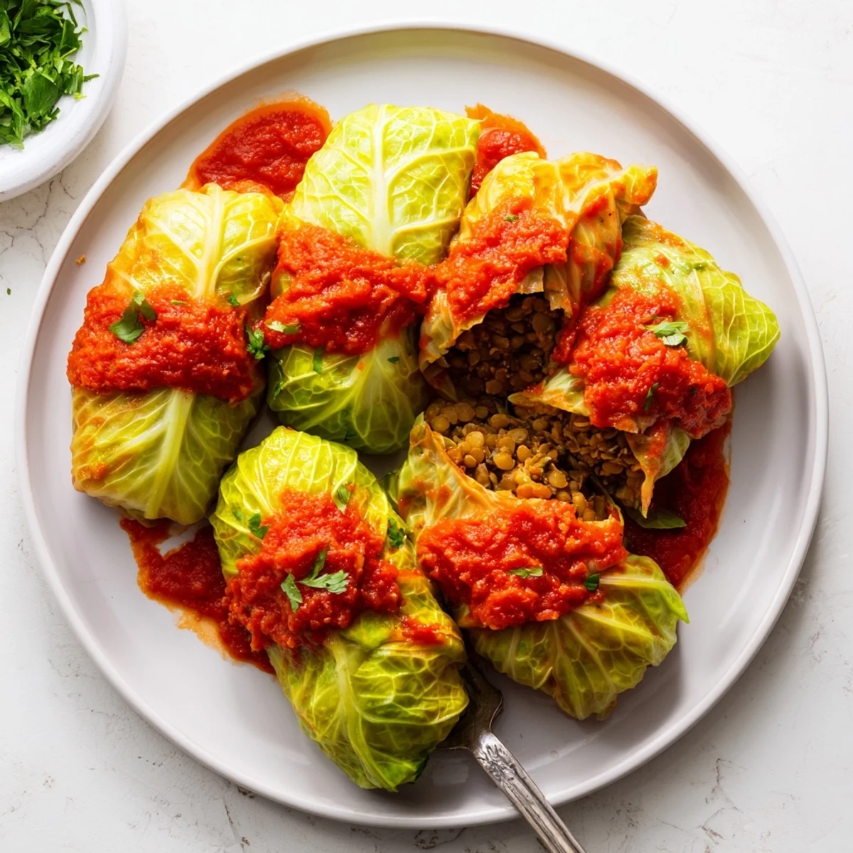 Plump stuffed cabbage rolls baked to perfection in zesty tomato sauce, showcasing tender leaves filled with seasoned lentils and fluffy rice