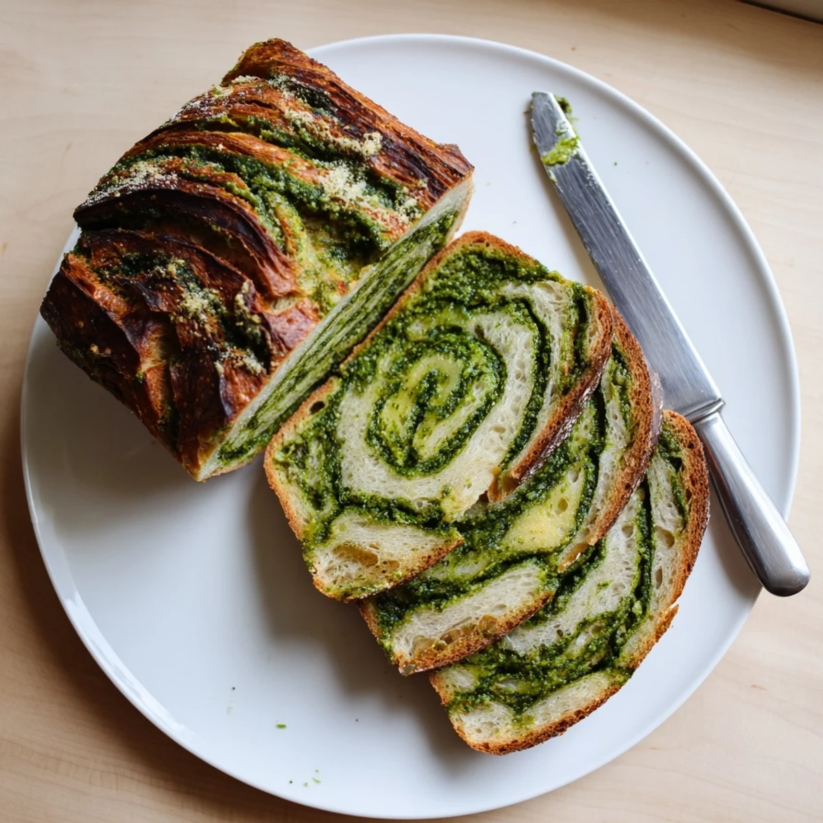 Golden-crusted pesto Parmesan sourdough bread sliced to reveal vibrant green spiral layers