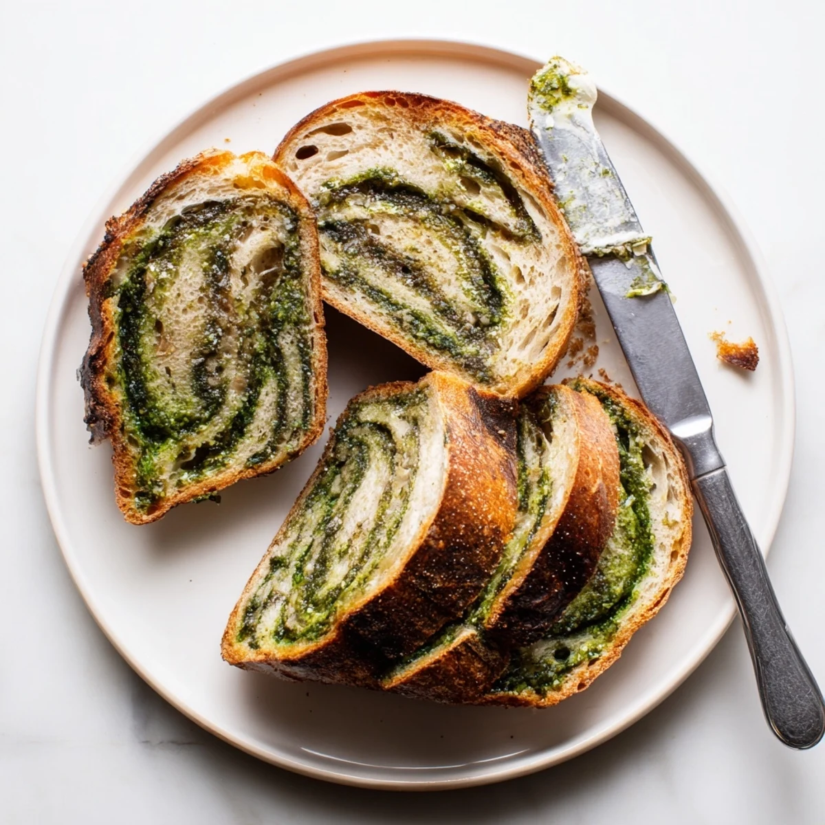Fresh basil pesto swirled through artisan sourdough with golden parmesan crust on wooden board