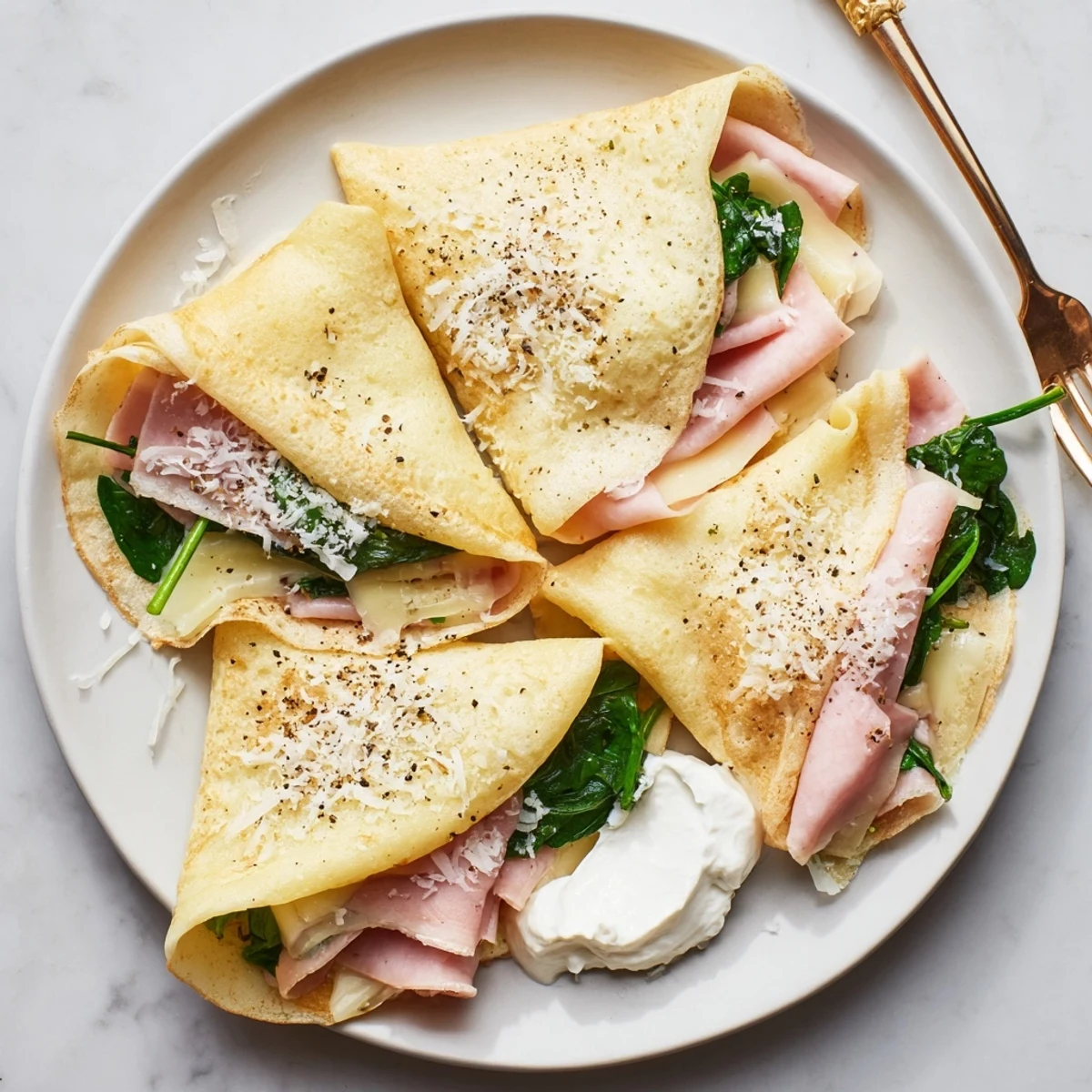 Golden savory crepes filled with melted Gruyère cheese, spinach, and sliced ham on a white plate