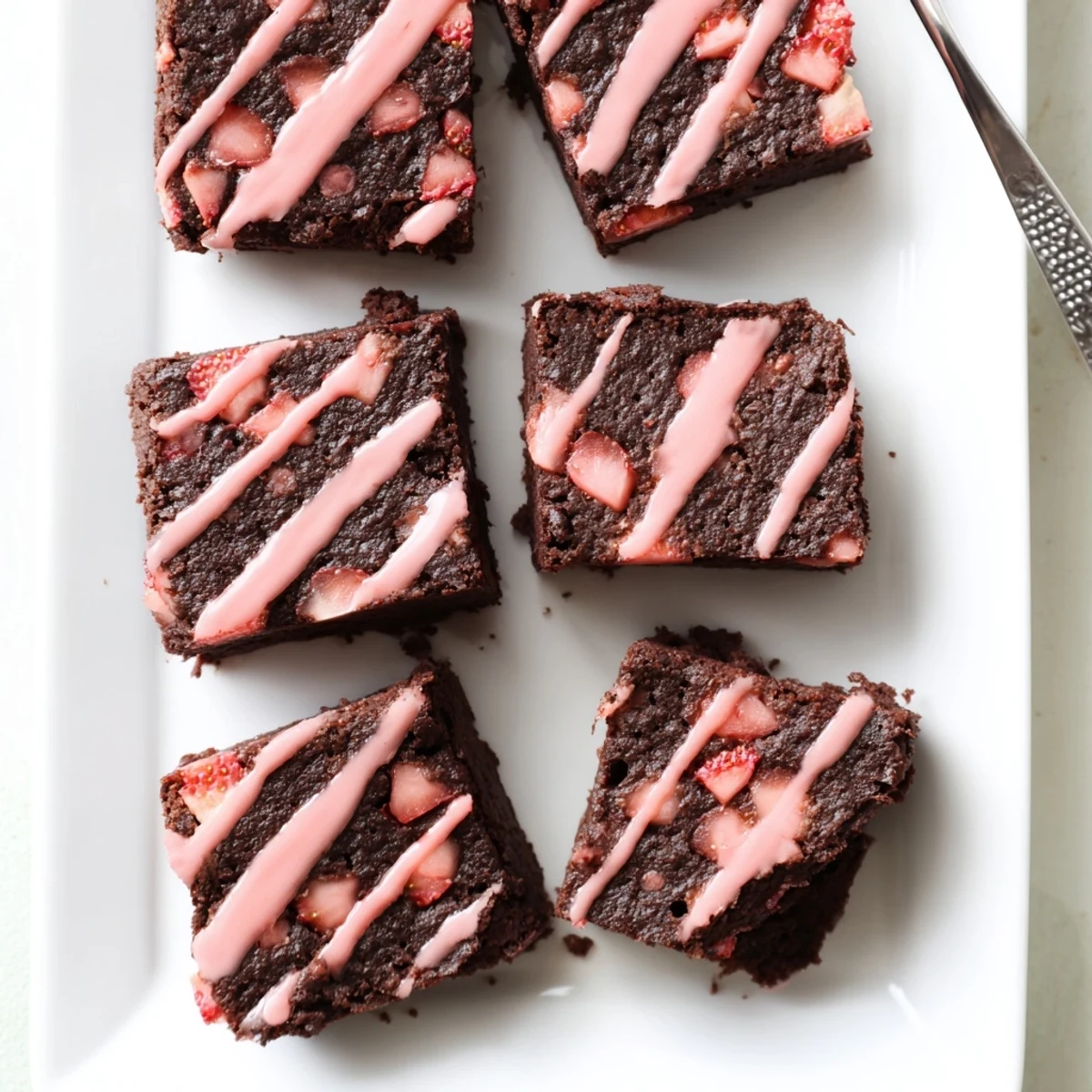 Fudgy easy strawberry brownies topped with sweet pink glaze on a white plate
