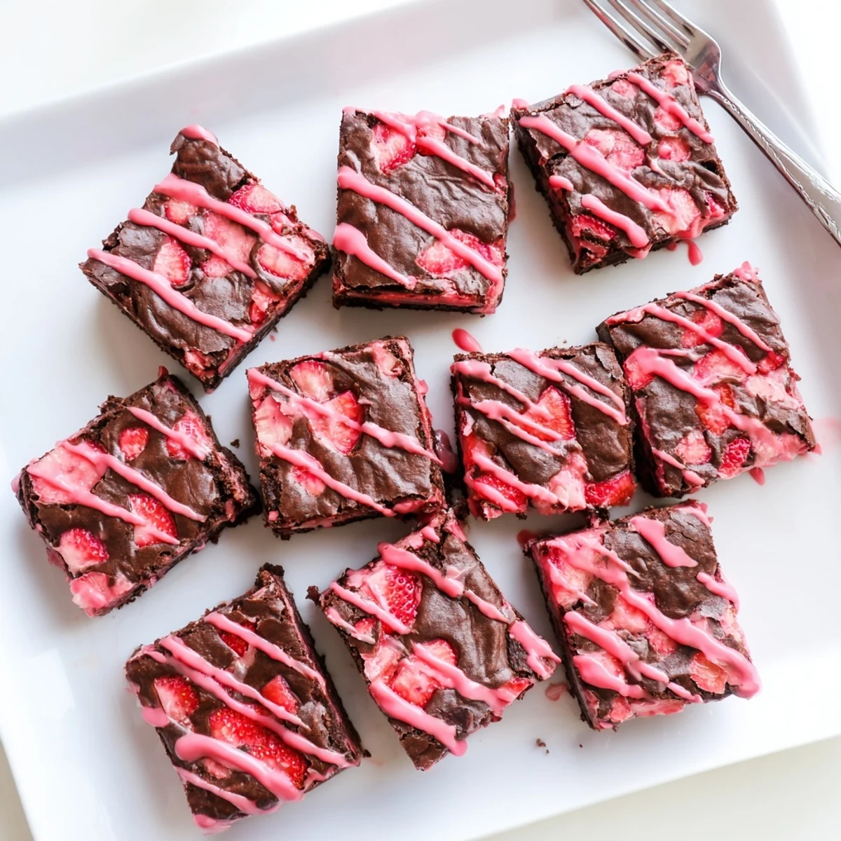 Fresh strawberry chunks scattered through rich chocolate easy strawberry brownies in a baking pan