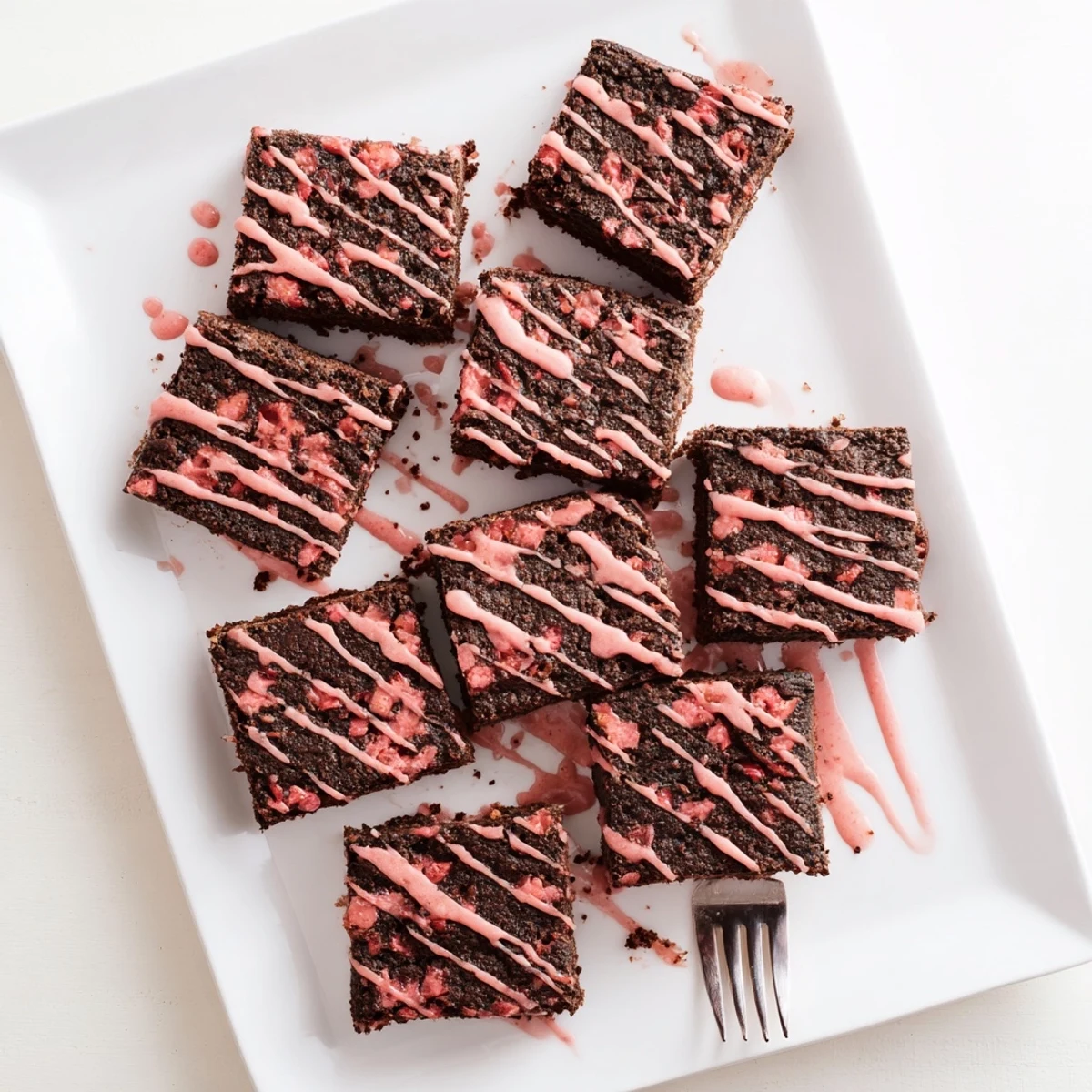 Square slice of easy strawberry brownies drizzled with white strawberry glaze on rustic surface