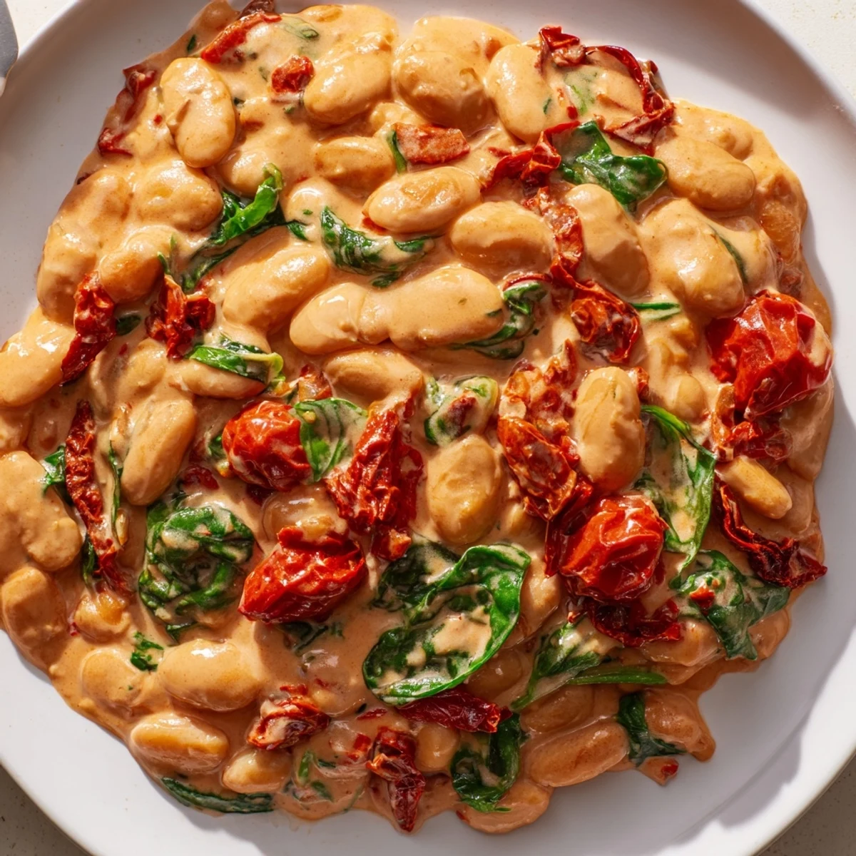 Creamy Greek yogurt marry me butter beans in rich tomato sauce with fresh basil garnish