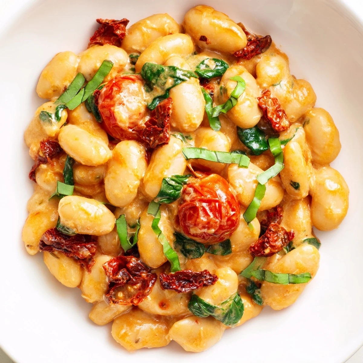 Golden butter beans simmered with tangy Greek yogurt and sun-dried tomatoes in Mediterranean tomato sauce