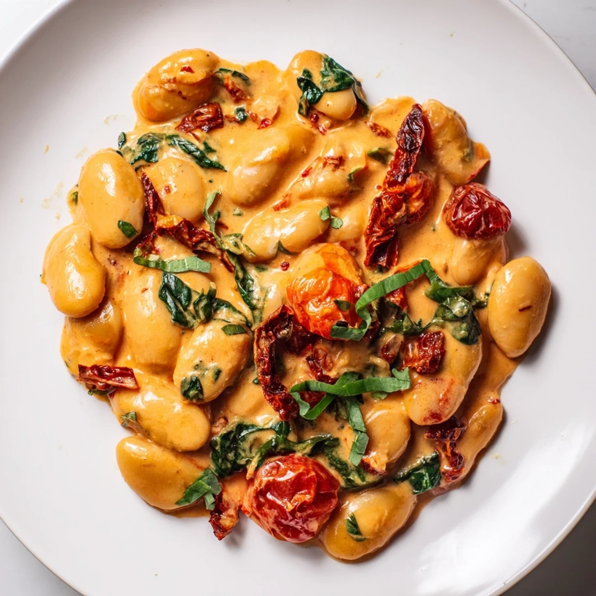 Protein-packed Greek yogurt marry me butter beans served in luscious red sauce with green spinach