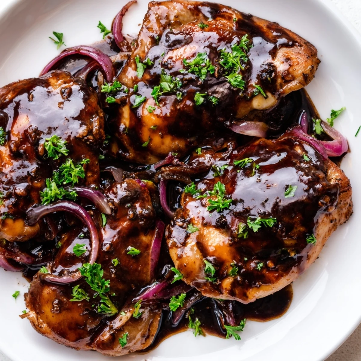 Tender slow cooker balsamic chicken thighs coated in rich dark glossy sauce with red onion and fresh parsley garnish
