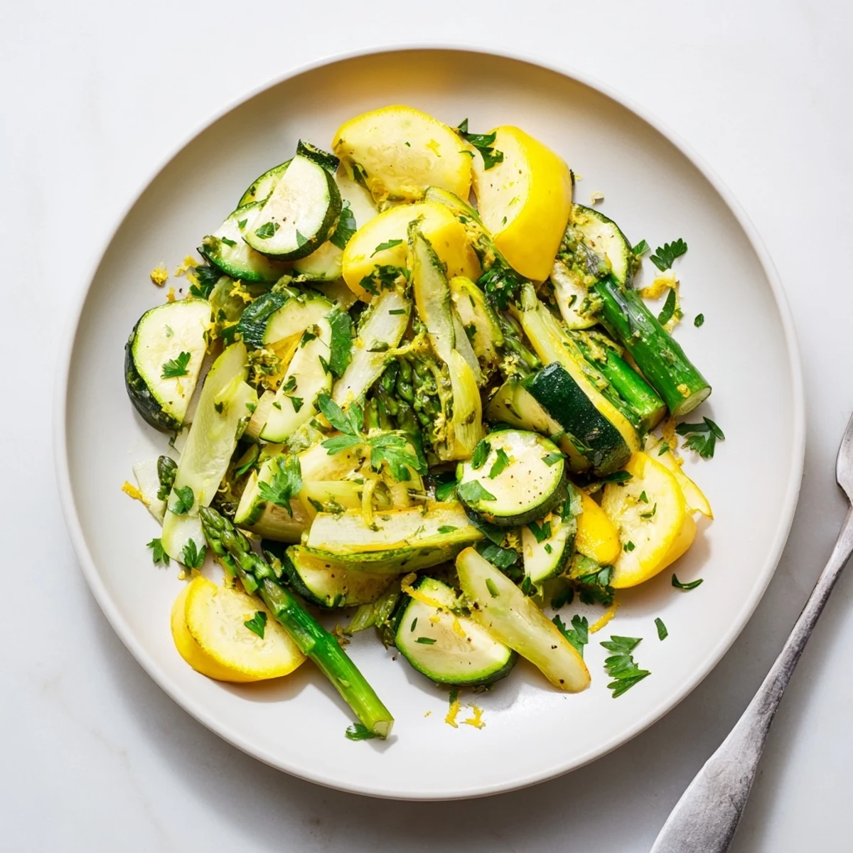 Golden sautéed asparagus with zucchini and yellow squash in a skillet with fresh parsley garnish