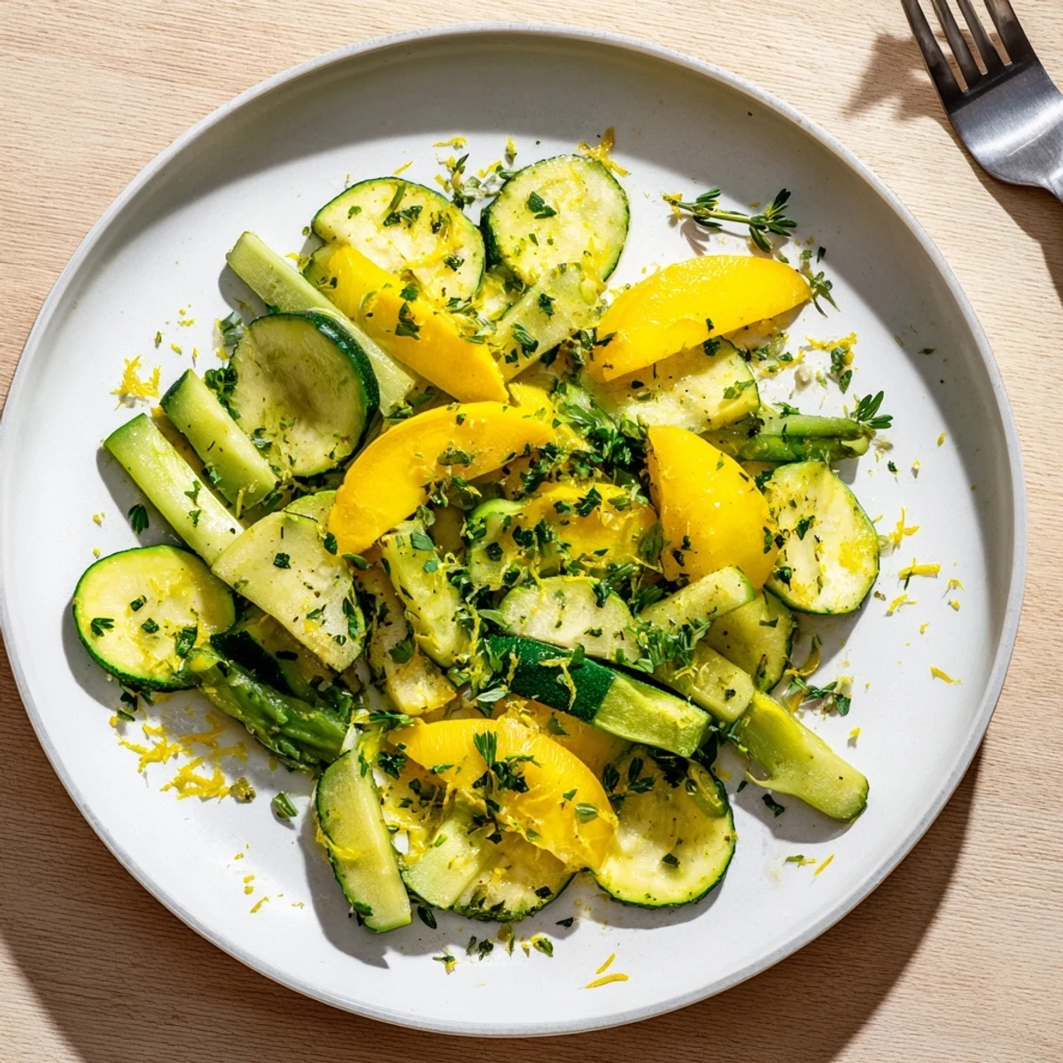 Vibrant Mediterranean vegetable medley featuring tender asparagus, zucchini, and squash seasoned with garlic and lemon