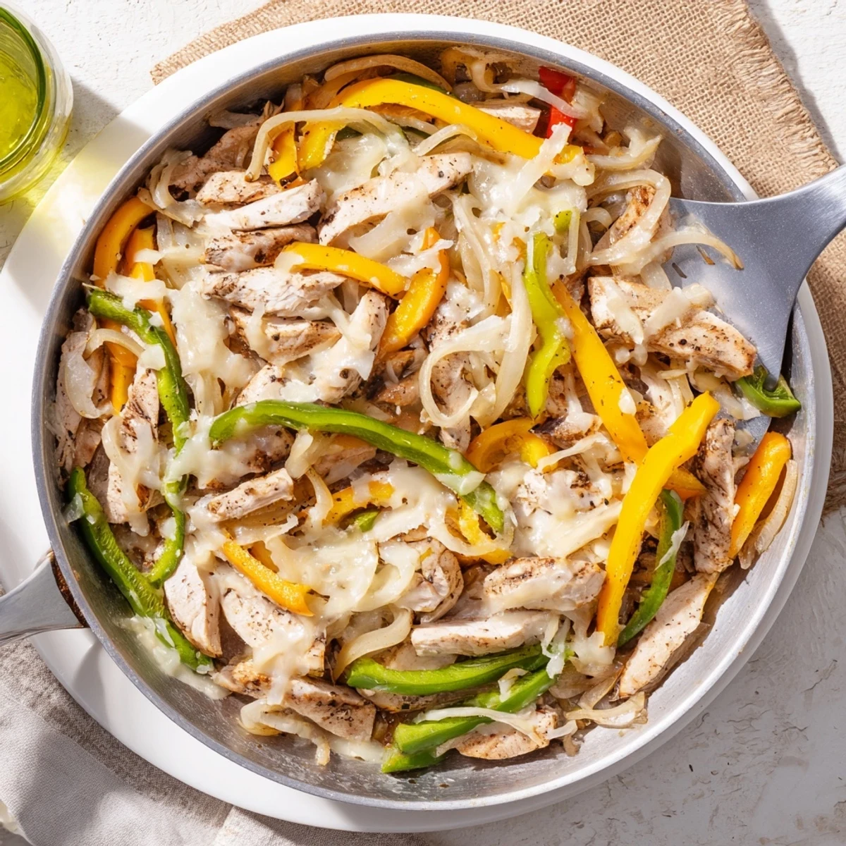 Sizzling chicken cheesesteak skillet with melted provolone and colorful sautéed peppers
