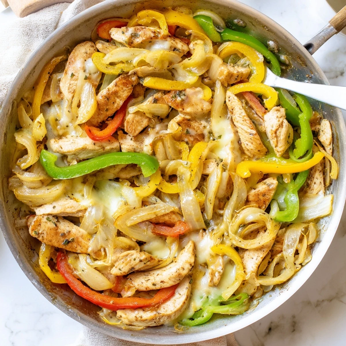 One-pan chicken cheesesteak skillet featuring golden chicken slices and caramelized onions under gooey cheese