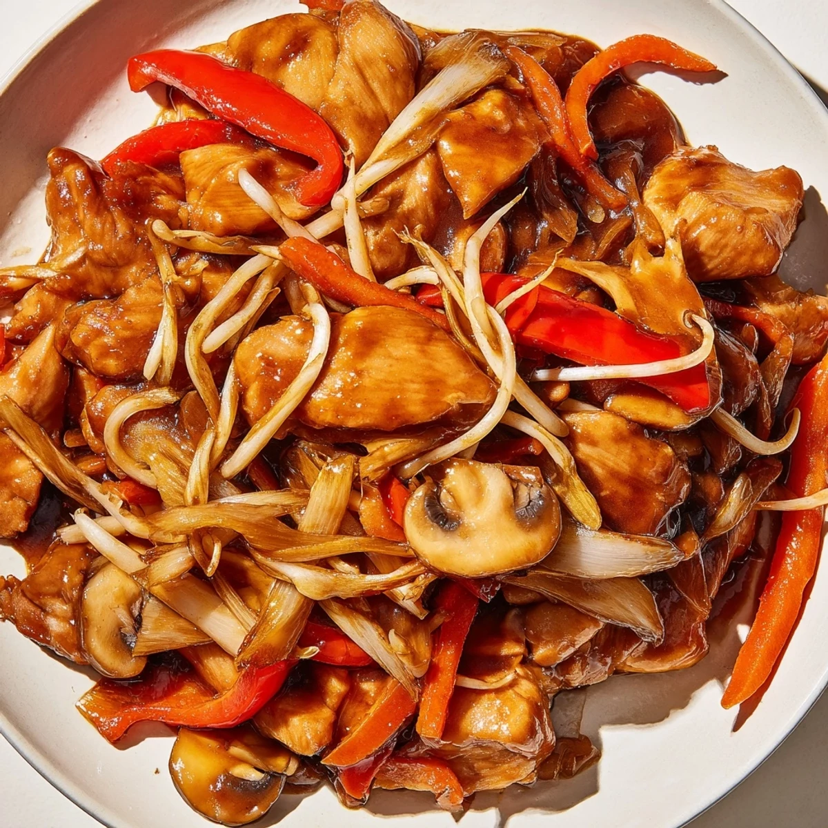 Colorful Chop Suey stir-fry with tender chicken and crisp vegetables in glossy savory sauce