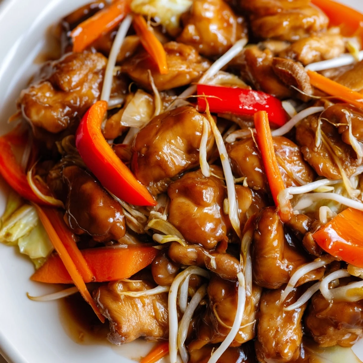 Sizzling wok of vegetable-packed Chop Suey with sliced meat and thickened brown sauce