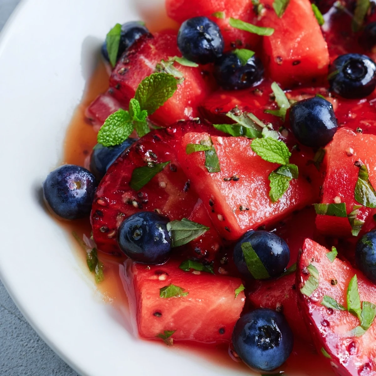 Fresh strawberry watermelon salad drizzled with honey lime vinaigrette in a white bowl