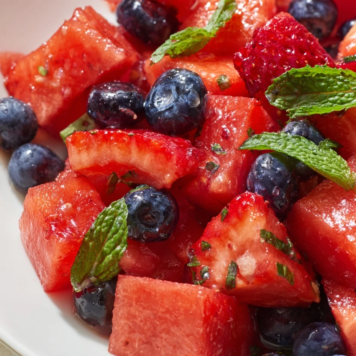 Summer strawberry watermelon salad with mint leaves glistening under tangy honey lime dressing