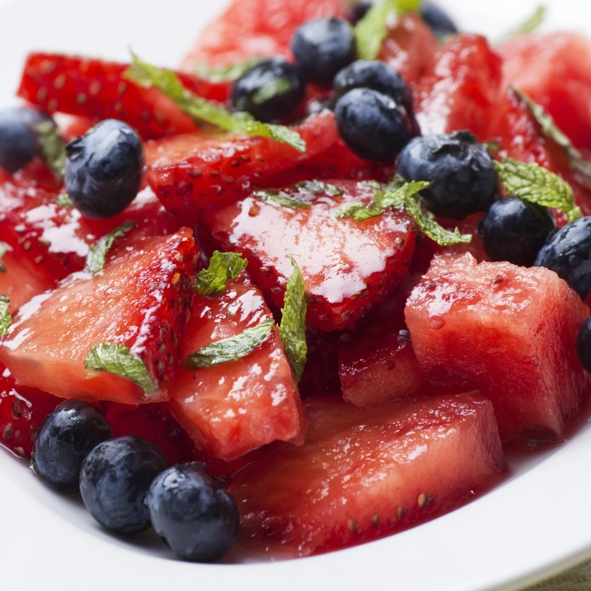 Colorful bowl of strawberry watermelon salad topped with honey lime vinaigrette and fresh mint